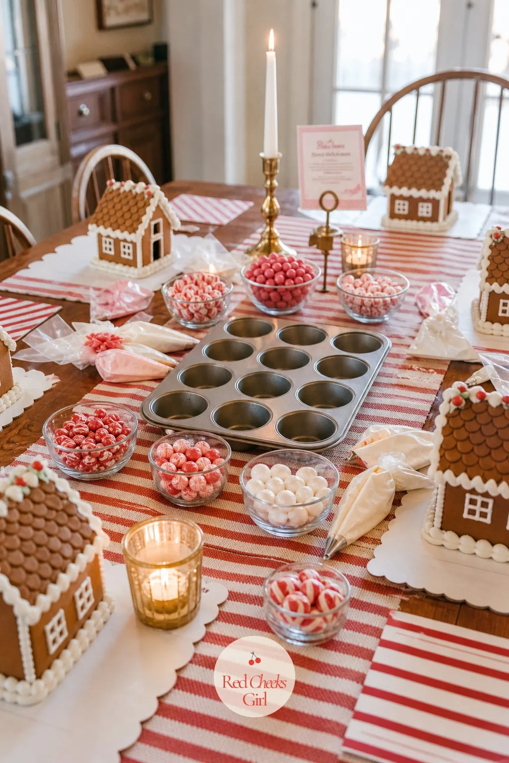 Candy Bar In Bowls And A Muffin Tin Down The Middle — Down the center of the table, the candy itself becomes the centrepiece: small bowls and a muffin tin or