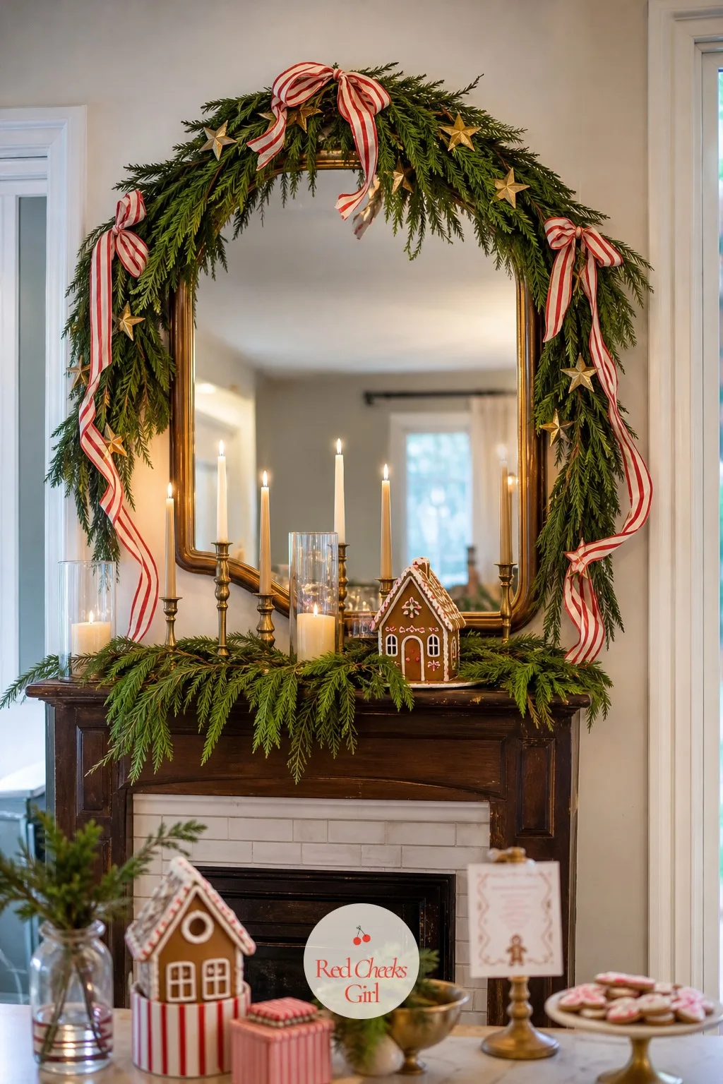 Cedar And Gold Star Swag Over The Doorway — Over a doorway, a mirror or a mantel, a swag of fresh cedar studded with gold paper stars and left with long