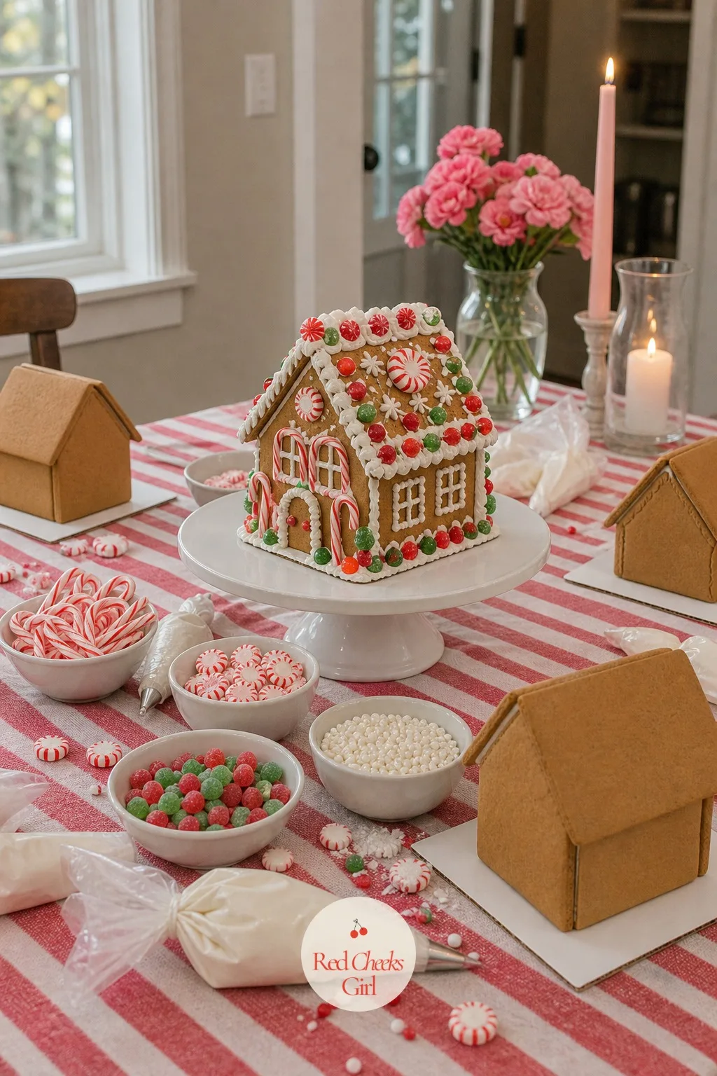A Finished Sample House On A Pedestal Stand — One house on the table should already be finished, standing a little taller than the rest on a cake stand at the