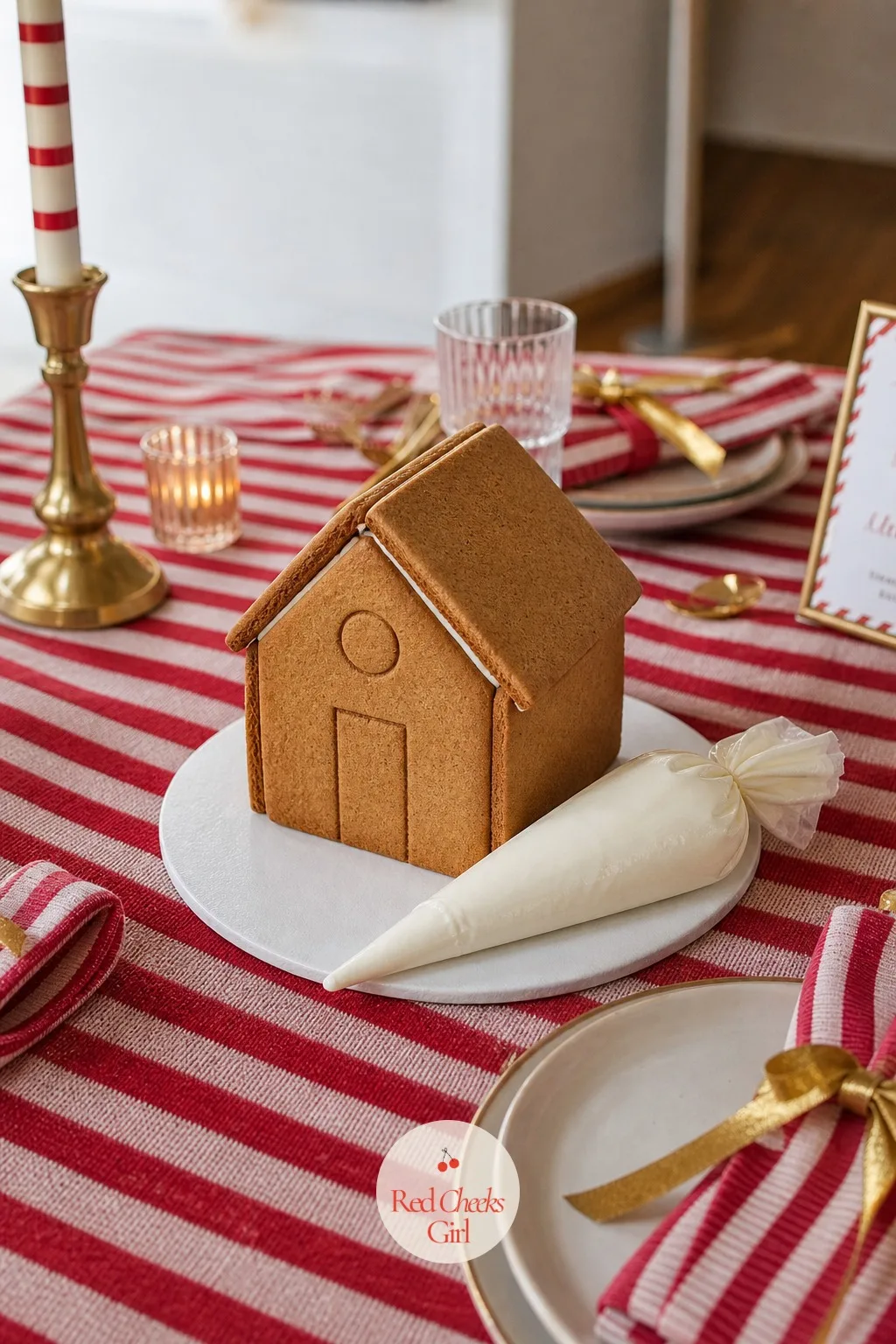 House On A Cake Board With Piping Bag At Every Seat — At every chair, before anyone walks in, a plain undecorated gingerbread house should stand on its own
