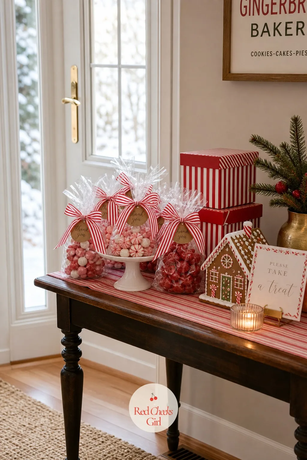 A Leftover Candy Favor Bag — Beside the take-home boxes, a small cellophane bag of the leftover candy, tied off with striped ribbon and a round paper tag