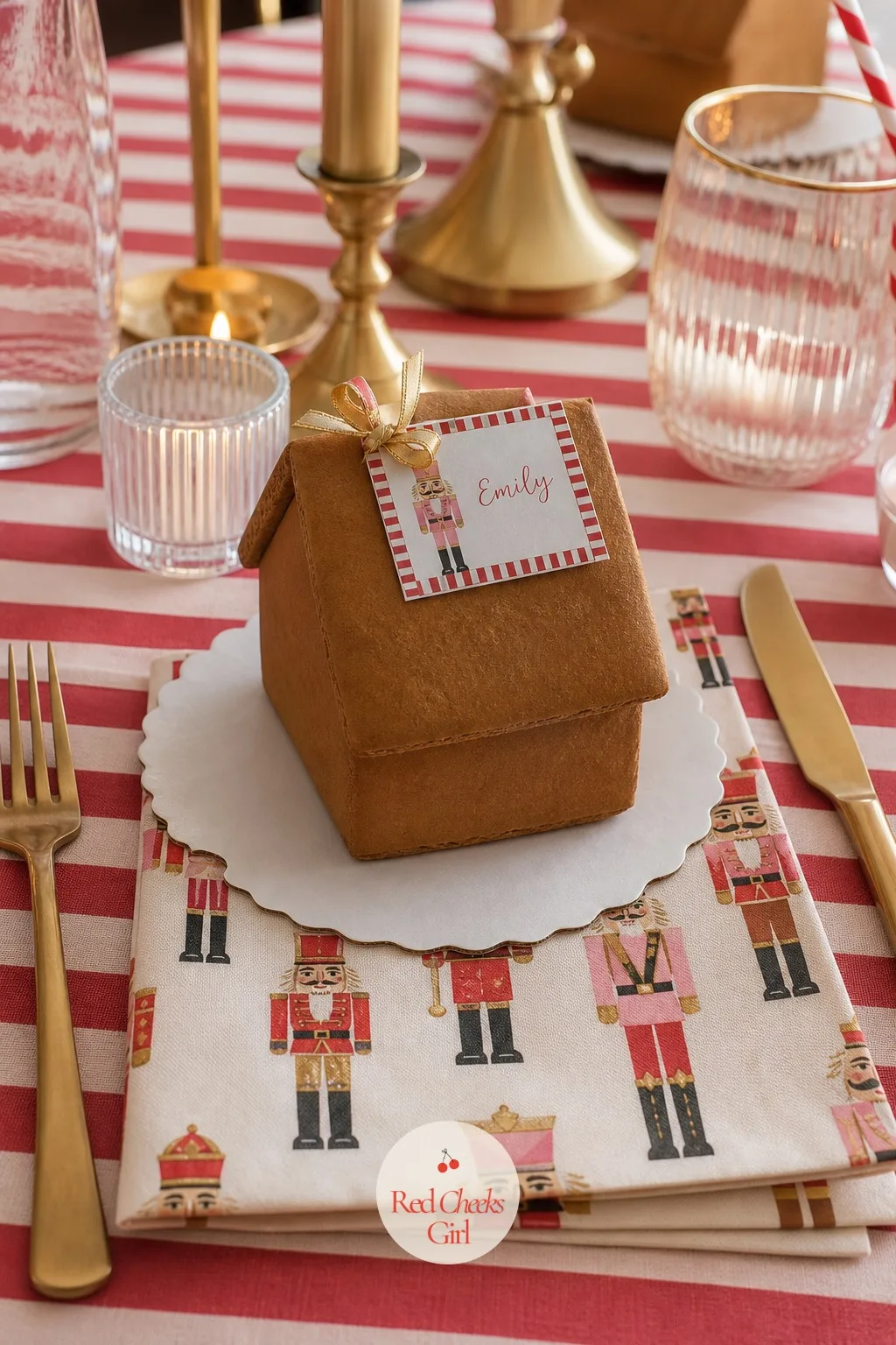 Nutcracker Napkins Doubling As Place Cards — At each place, a small paper napkin printed with a nutcracker in red and gold sits folded under the piping bag