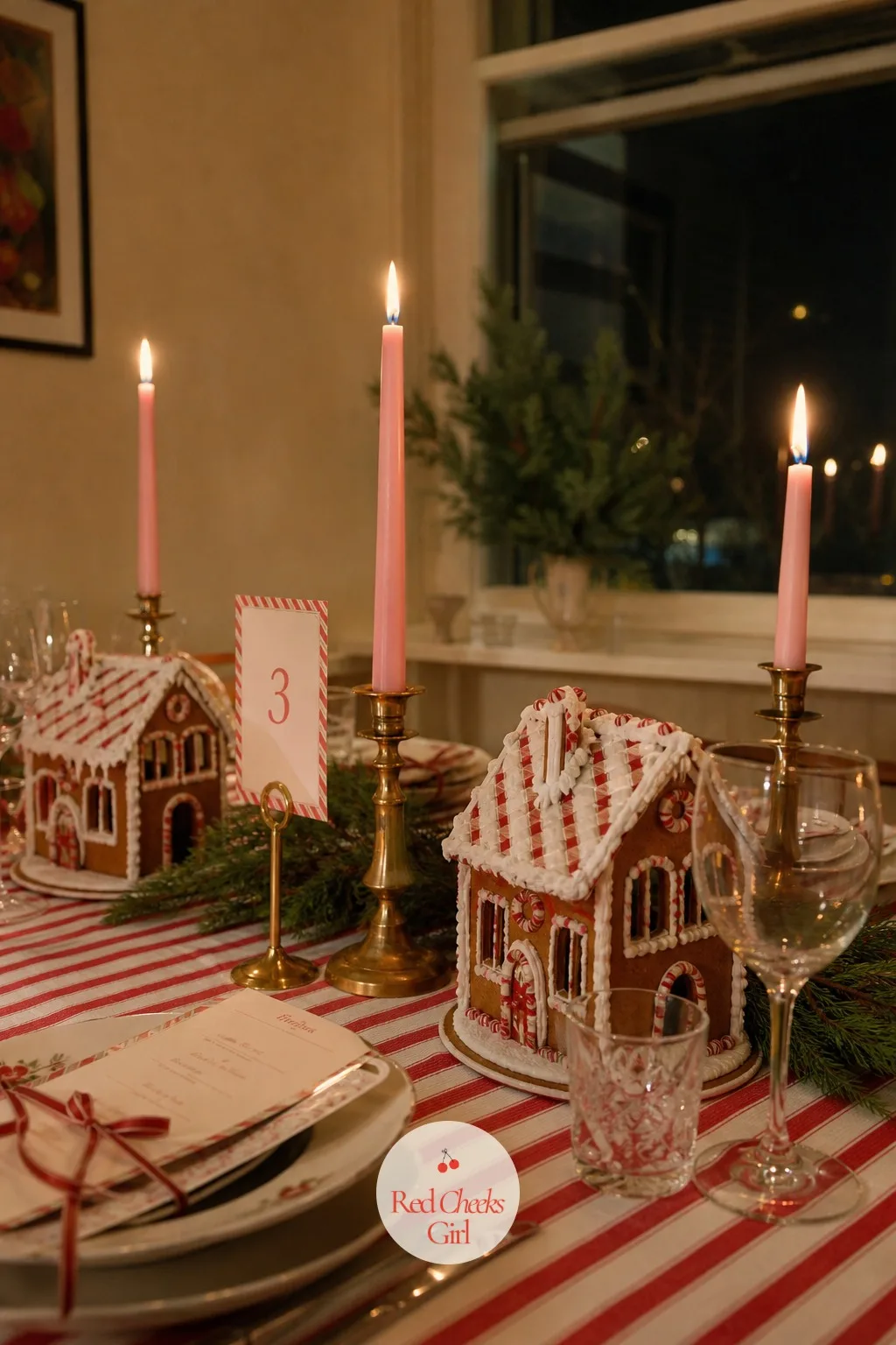 Pink Taper Candles Standing Among The Houses — After dark, the same table changes with one swap: pink taper candles standing in slim holders between the