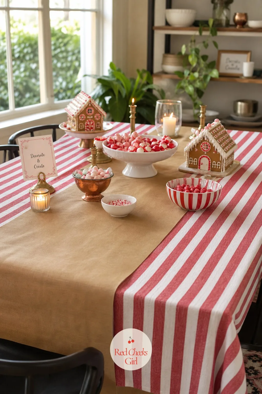 Red And White Stripe Runner Over A Plain Cloth — Everything else in this party sits on top of one surface, so get that right first: a red and white striped