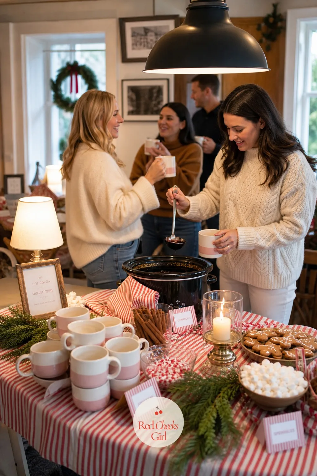 A Small Hot Cocoa Or Mulled Wine Bar — Off the decorating table entirely, a small bar carries the warm drink: a pot of mulled wine or hot cocoa, a stack of