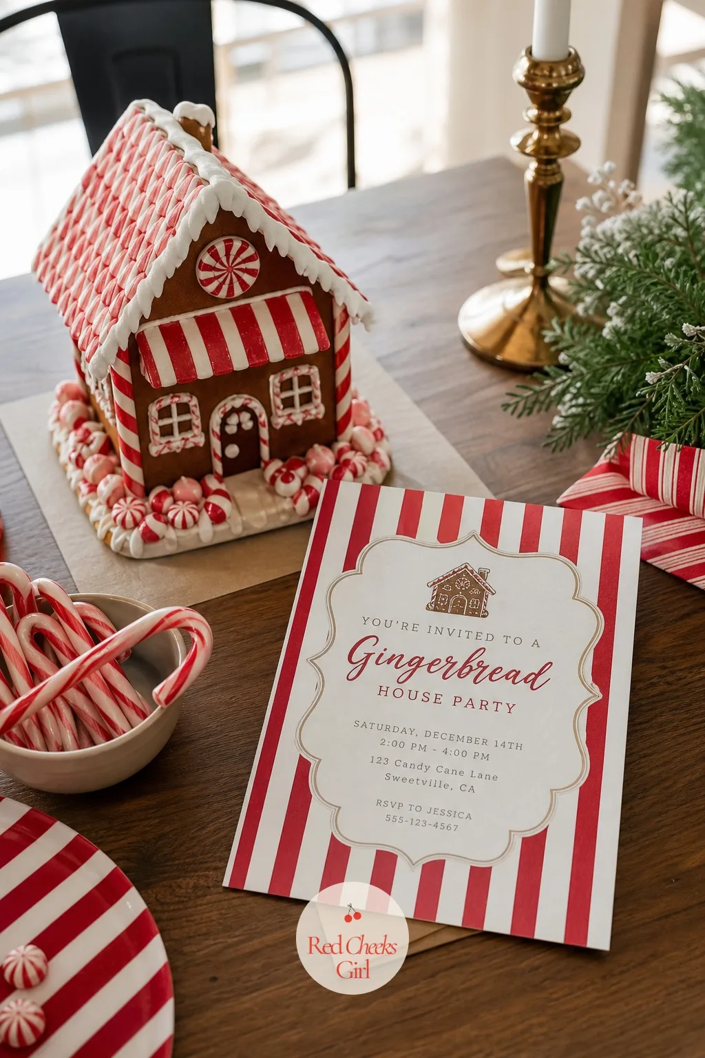 The Striped Gingerbread House Invitation — Before any of this happens, the invitation sets the whole thing in the guest's mind: a card in red and white stripe
