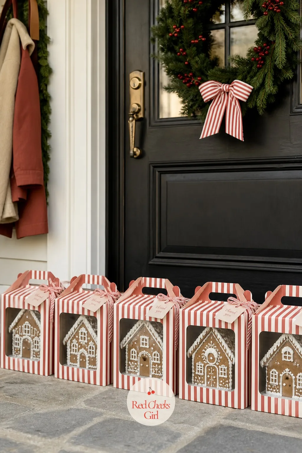 Striped Take-Home Boxes By The Door — Every finished house needs a way out that does not end in a broken roofline on the car seat: a red and white striped box