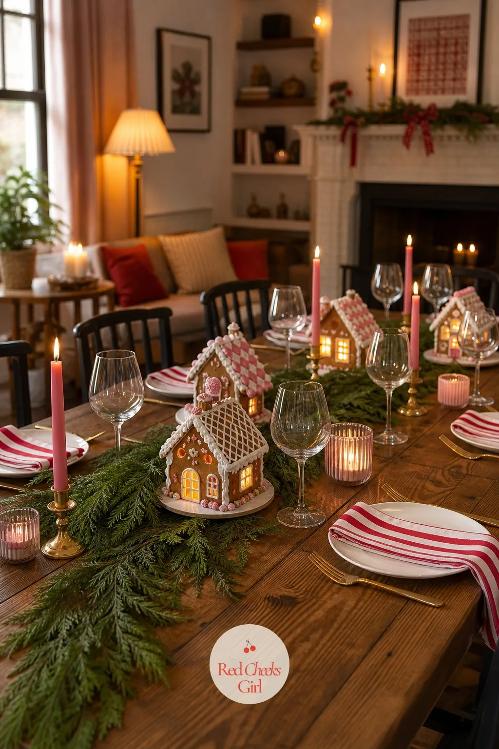 Wine Glasses And A Cedar Runner For The Adult Sitting — For the grown-up sitting, a short runner of fresh cedar lies under the candlesticks, with a wine glass