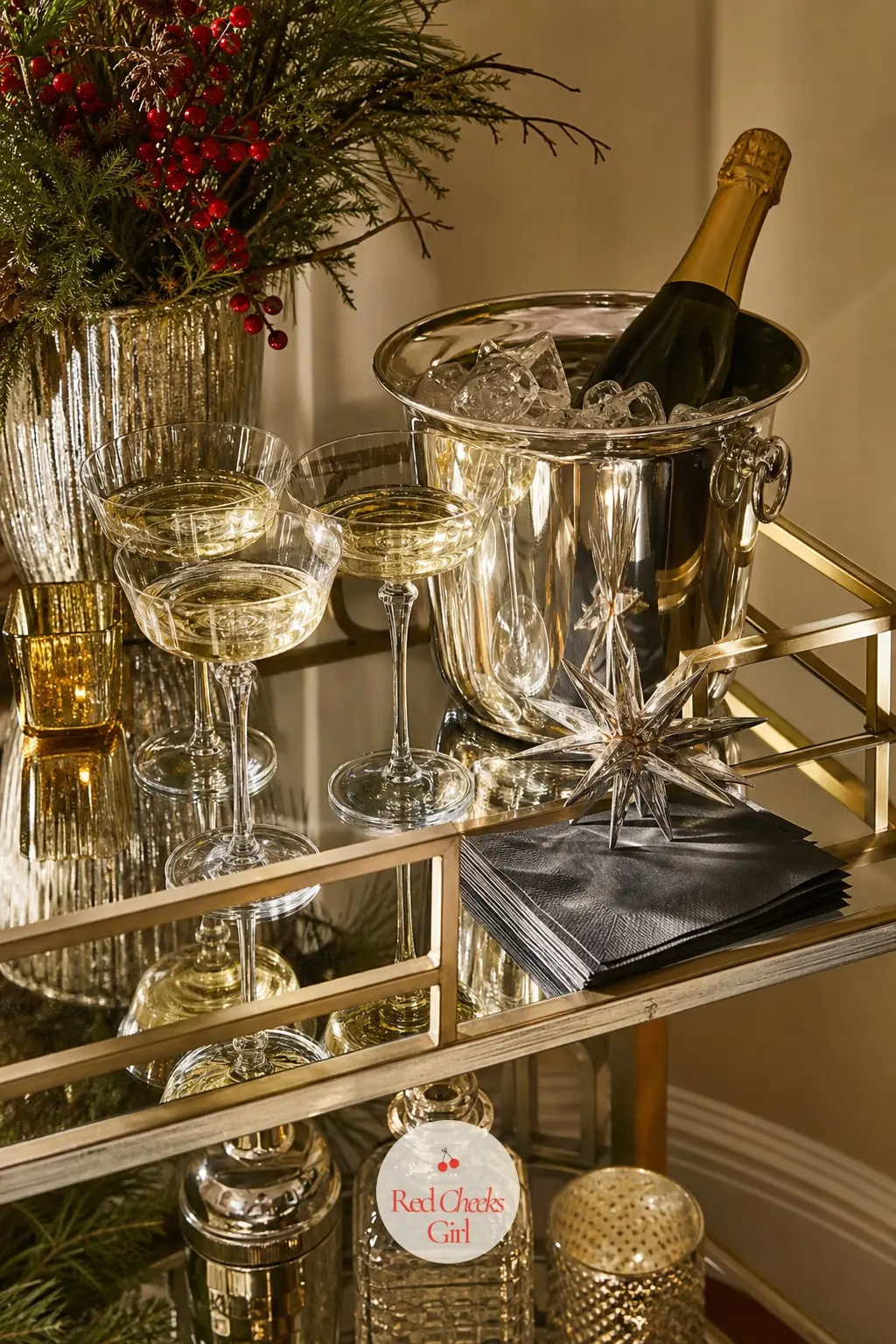The Bar Cart, Poured in Champagne and Chrome — A mirrored bar cart holds the whole drinks moment: a row of champagne coupes catching the light, a silver ice