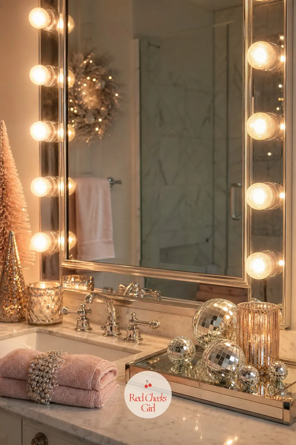 The Bathroom Mirror, Lit for Last-Minute Sparkle — A strand of warm vanity lights frames the bathroom mirror, the one spot in the house built for a final check