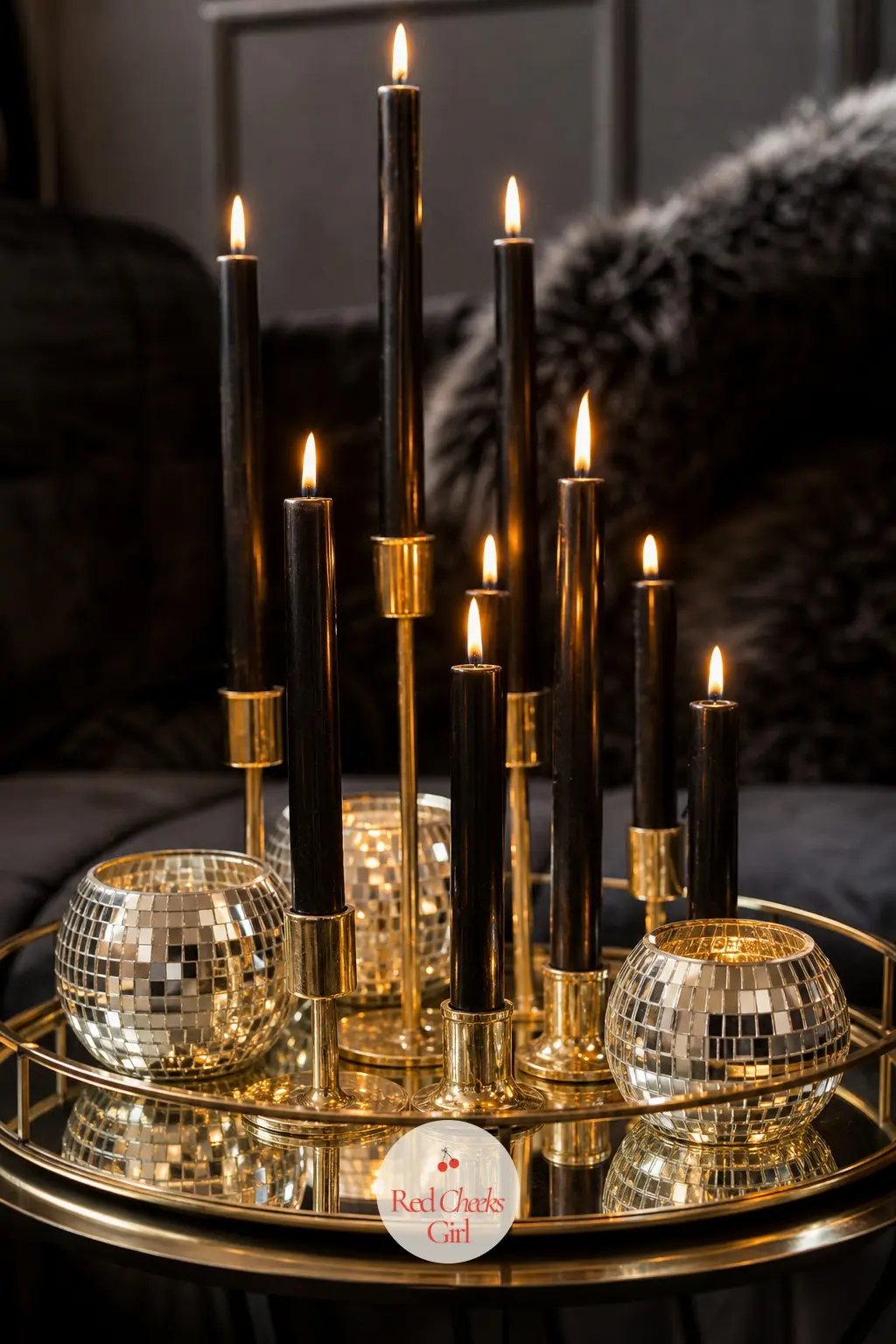 The Candle Cluster, Grouped on a Mirrored Tray — A side table holds a mirrored tray crowded with black taper candles at different heights, the kind of cluster