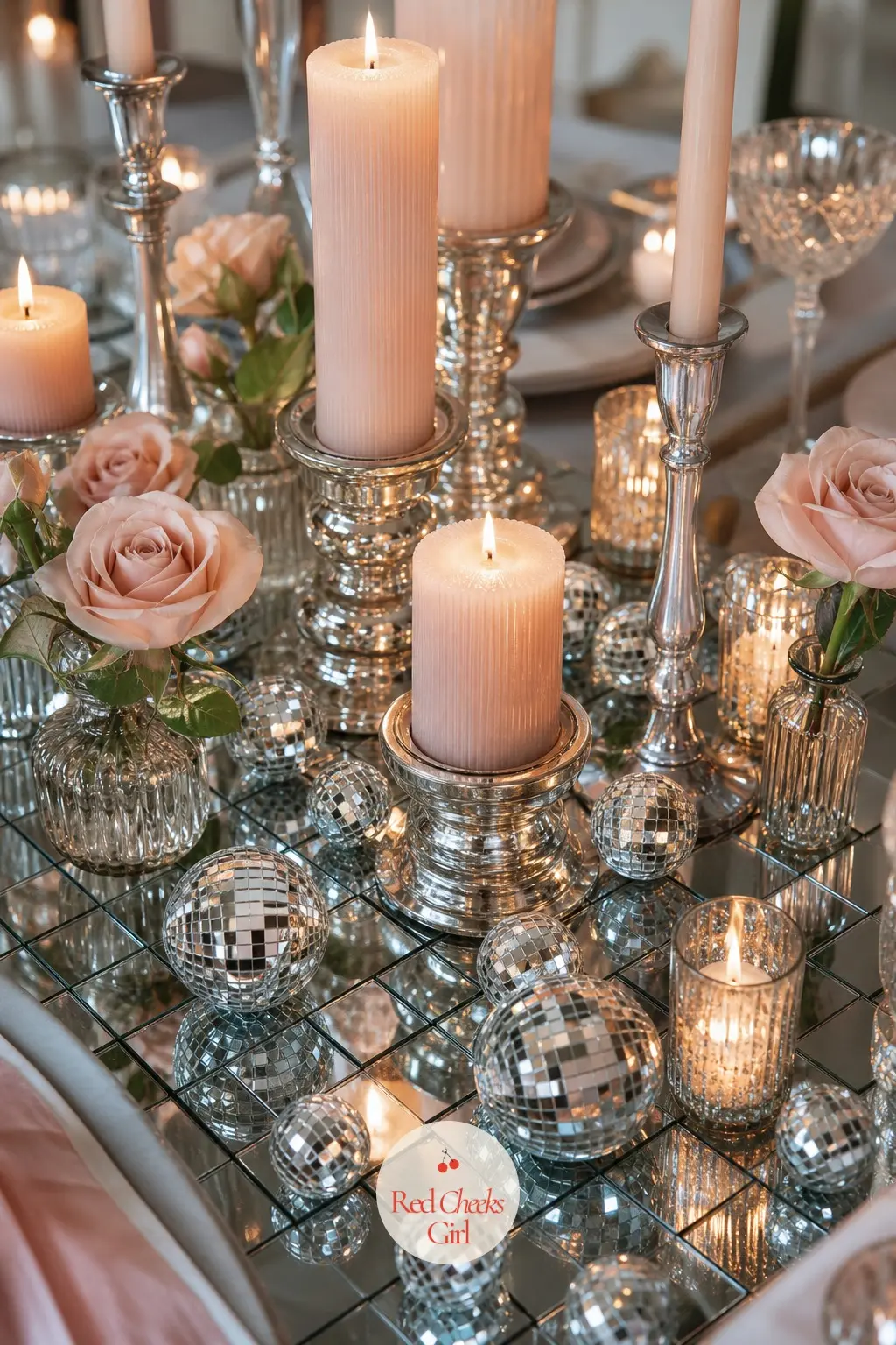 The Centerpiece, Built From Mirror and Candlelight — A low runner of mirror tiles replaces the usual greenery down the centre of the table, scattered with mini