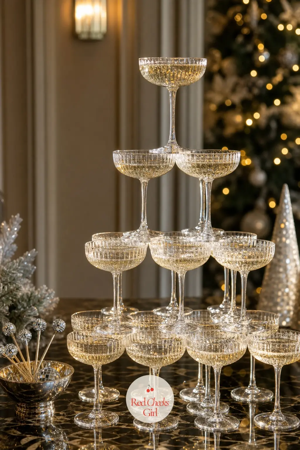 The Champagne Coupe Tower, Built to Pour — A tiered coupe tower holds two dozen glasses ready for a toast, each one catching a different angle of the room's