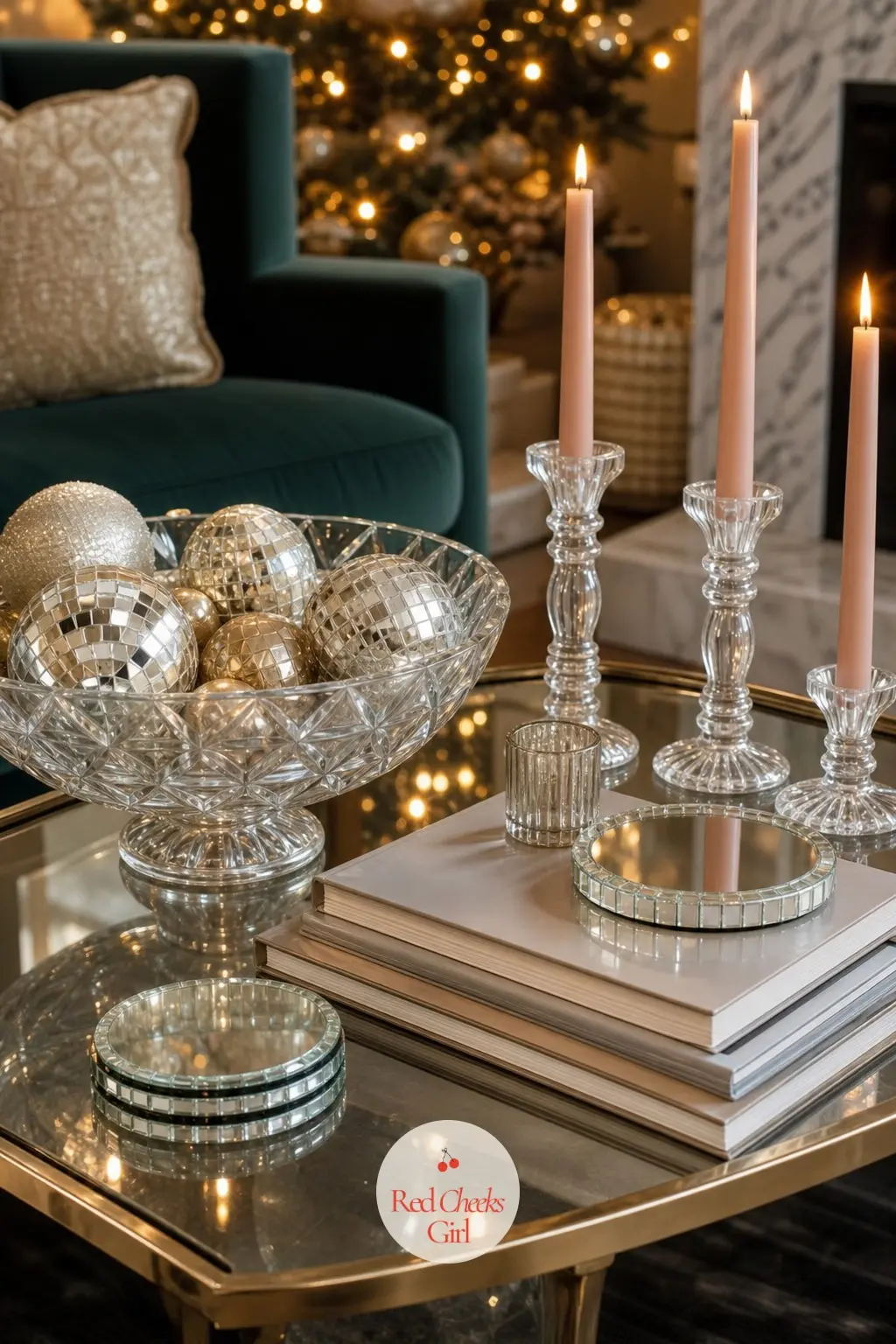 The Coffee Table, Styled With Disco-Ball Bowls — A faceted glass bowl sits at the centre of the coffee table, filled with nothing but mirrored and champagne