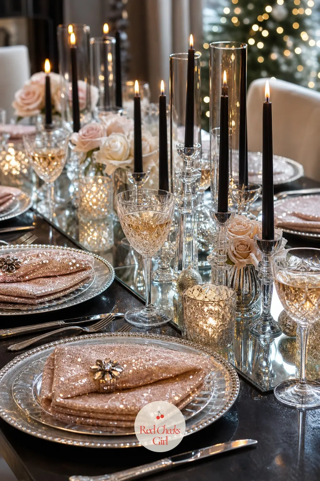 The Dining Table, Set for a Cocktail Supper — A dozen blush sequin napkins sit folded at each place, the only soft texture against silver charger plates and