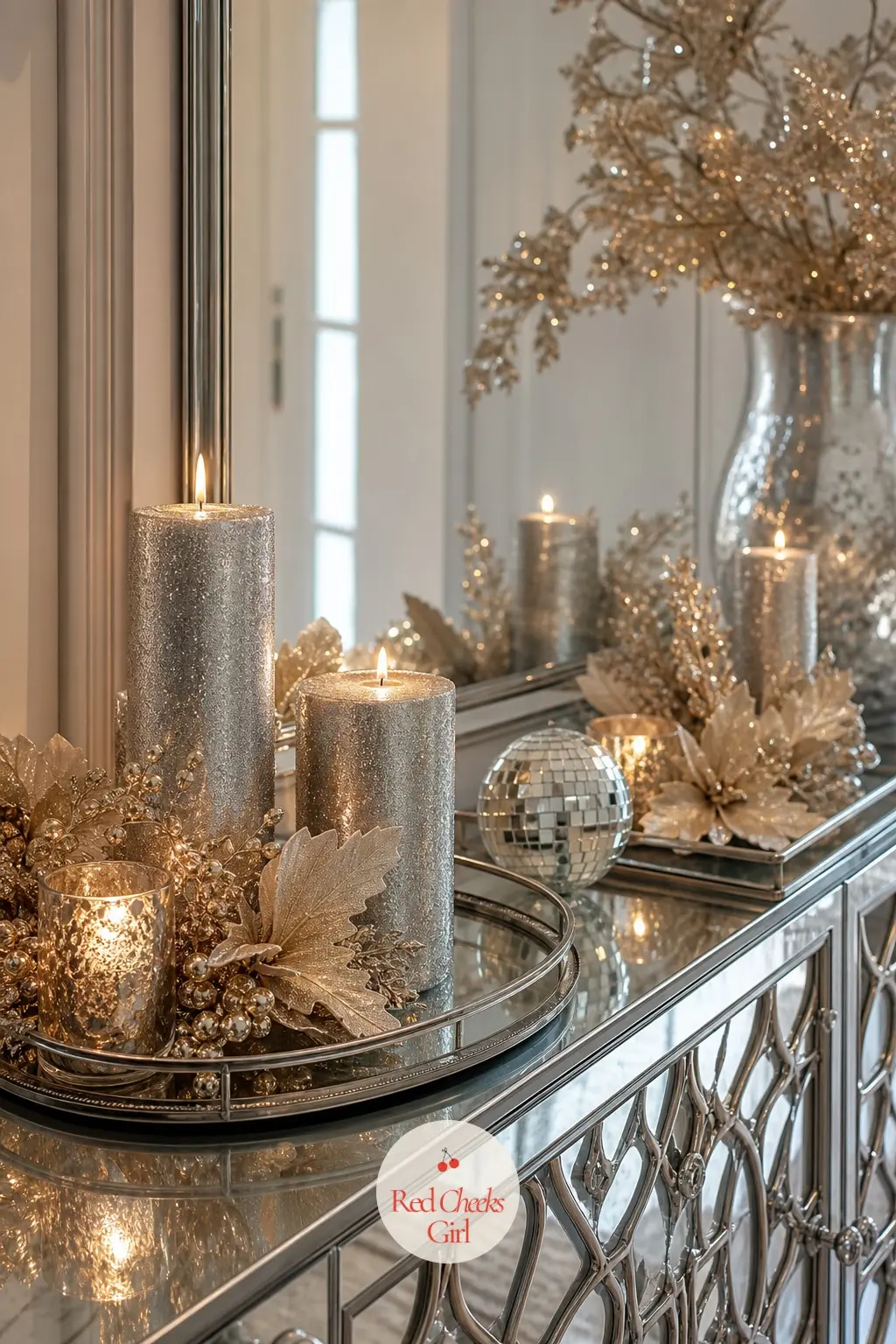 The Entry Console, Set With Mirrored Trays — Two mirrored trays sit on the console just inside the door, one holding a cluster of silver pillar candles, the