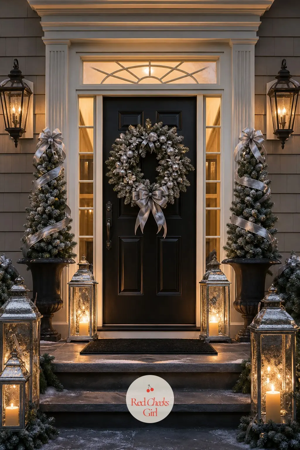 The Front Door and Porch, Dressed Like a Red Carpet — Two flocked topiaries flank the door instead of the usual pine, wrapped in silver ribbon so they catch