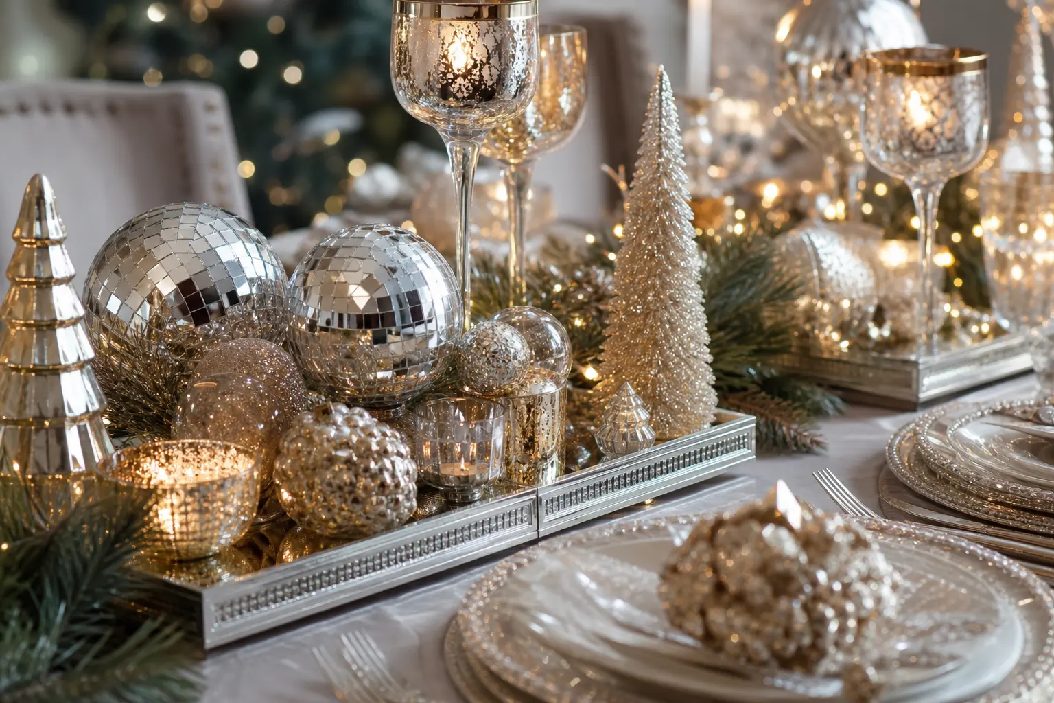 18 Glam Christmas Decor Ideas With Mirrored Trays, Champagne Gold and Disco-Ball Sparkle