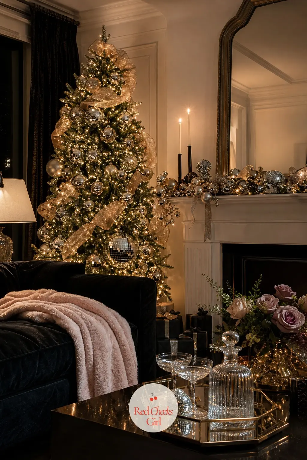 The Living Room, Caught in Lamplight and Mirror Shine — The tree stands dressed in mirrored baubles and champagne ribbon, lit low and warm rather than bright