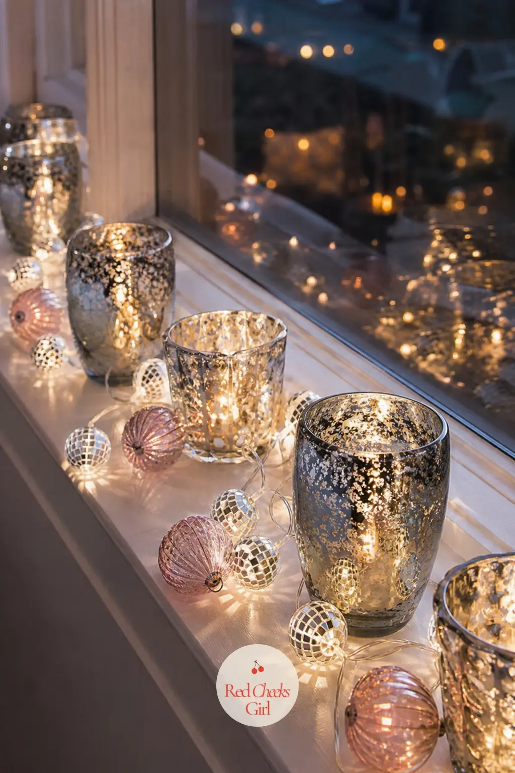 The Windowsill, Lit With a Strand of Mirror Lights — A cluster of mercury glass votives sits along the windowsill, their mottled silver surface catching both