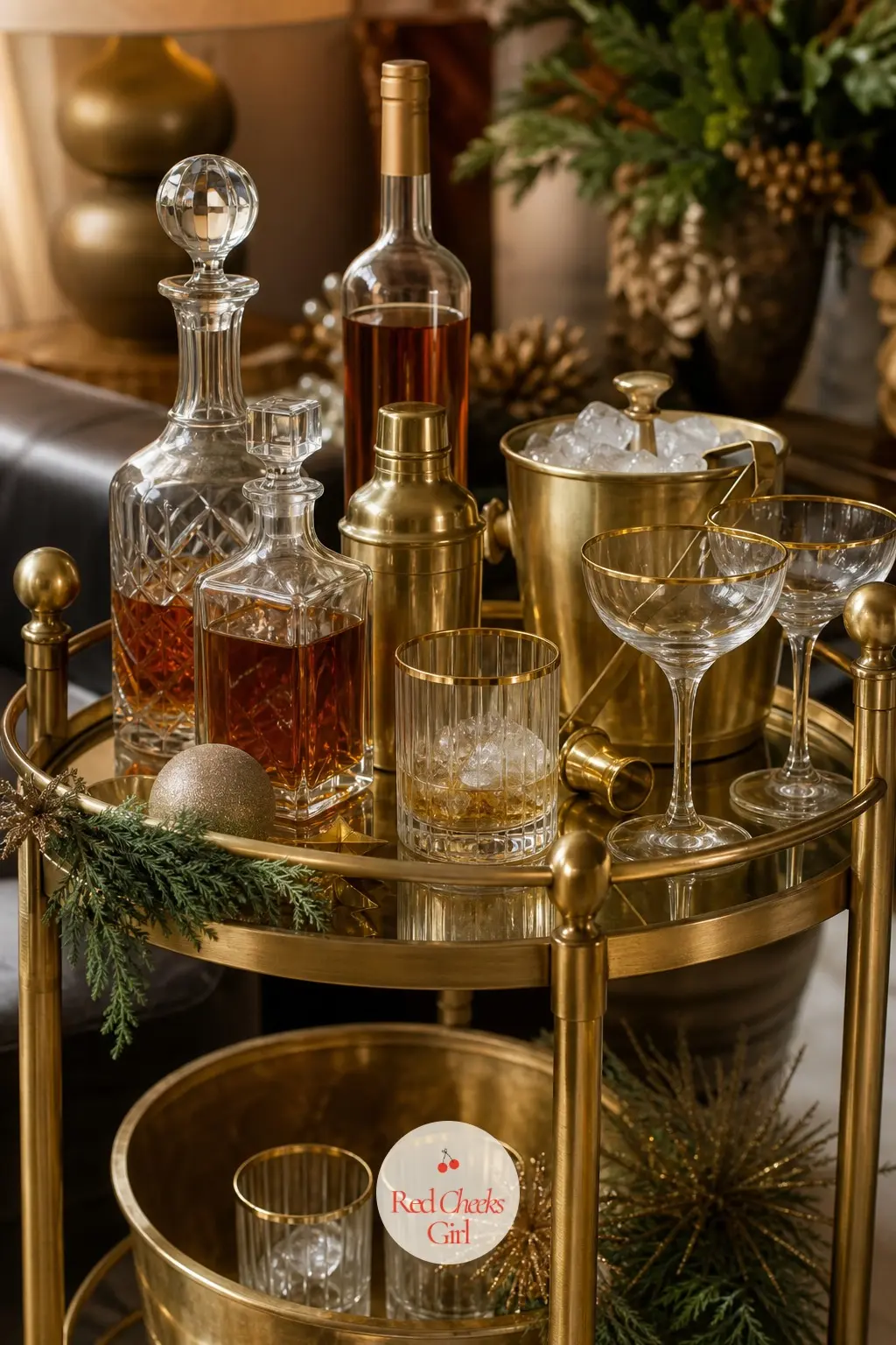 The Bar Cart, Stocked for Spiced Gold Cocktails — A small gold bar cart carries the palette without any extra decorating, since the bottles and glassware