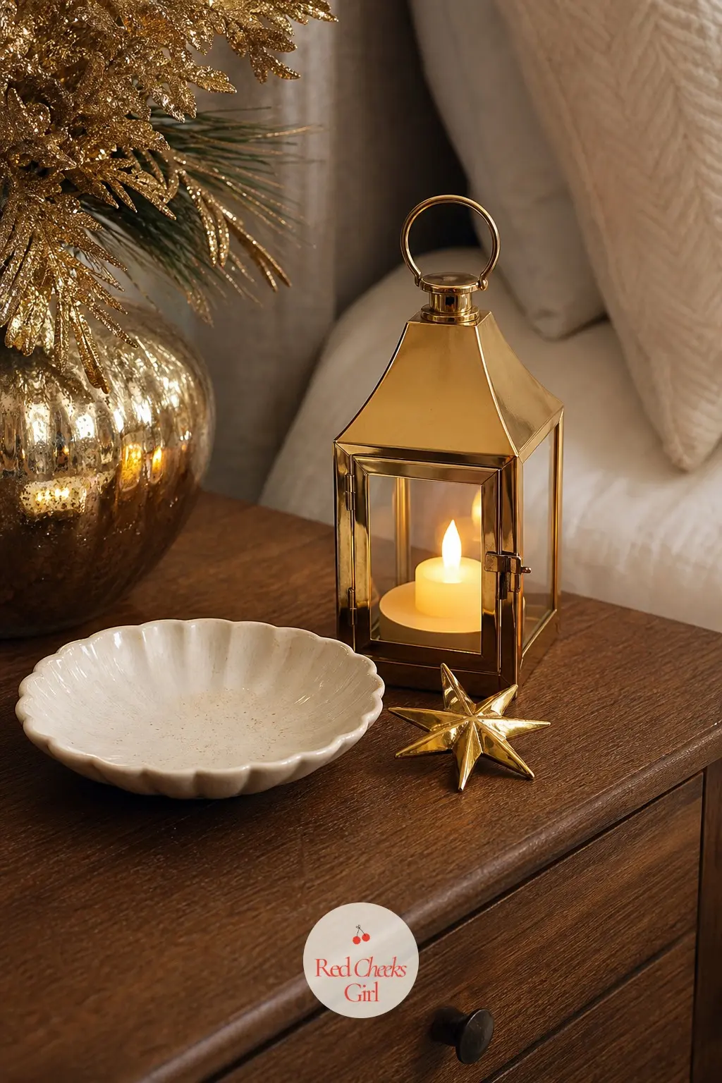 The Bedside Table, Lit by a Small Gold Lantern — A small gold lantern on the bedside table, battery candle inside rather than an open flame, gives a bedroom