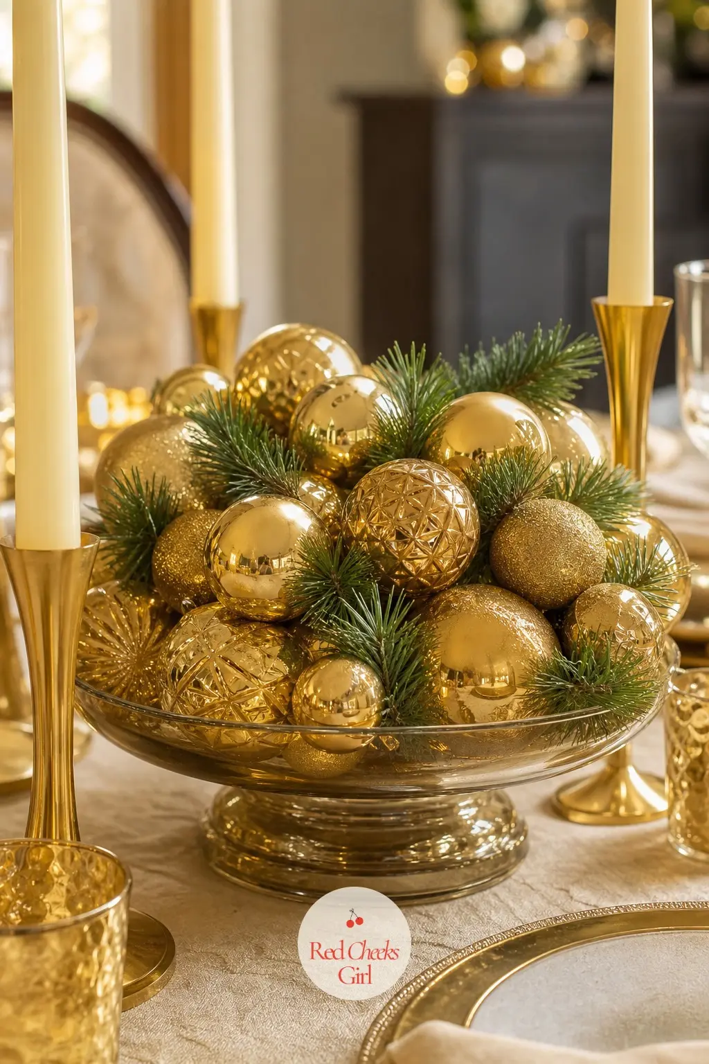 The Centerpiece, Clustered in Gold Baubles and Ivory Candles — A low glass bowl filled with gold glass ball ornaments, left loose rather than wired into