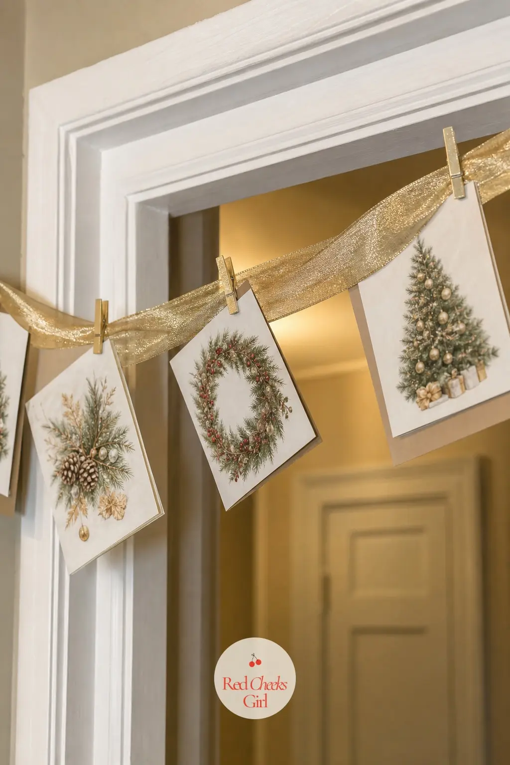 The Christmas Cards, Strung Along a Gold Ribbon Garland — Rather than propping cards along a mantel that already has candles on it, string a length of gold
