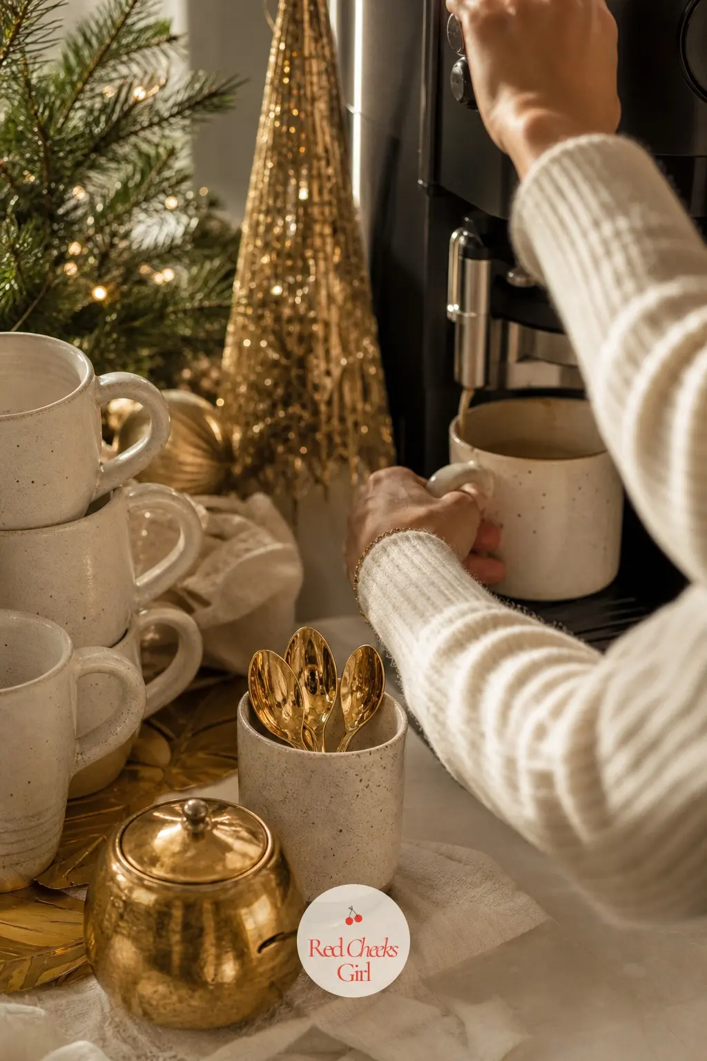 The Coffee Station, Set with Gold Spoons and Ivory Mugs — A coffee station gets used every single morning through the season, which makes it worth the small