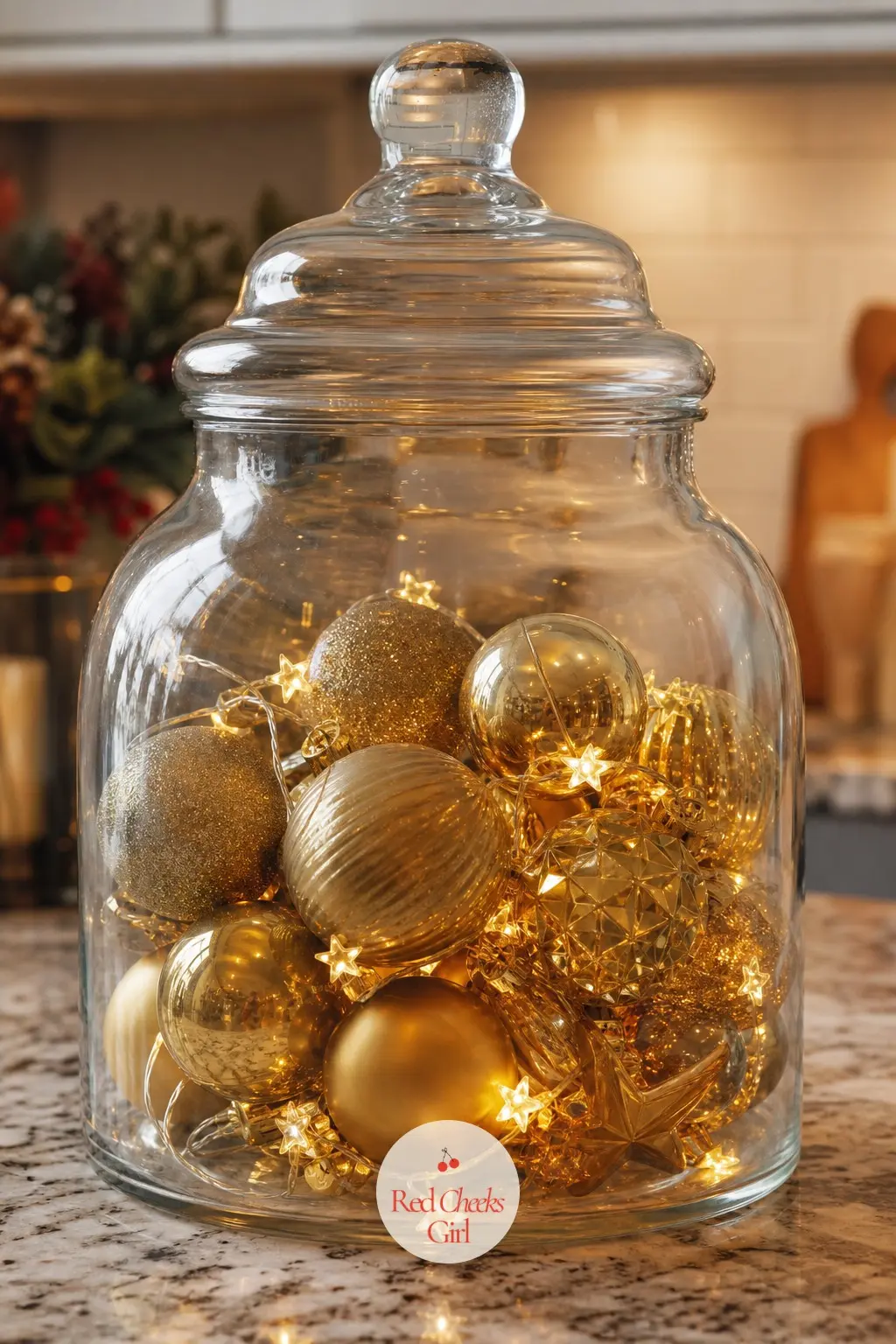The Counter, Kept with a Jar of Spare Gold Ornaments — Kitchen counters rarely stay decorated past the first day of cooking, so keep this one low maintenance
