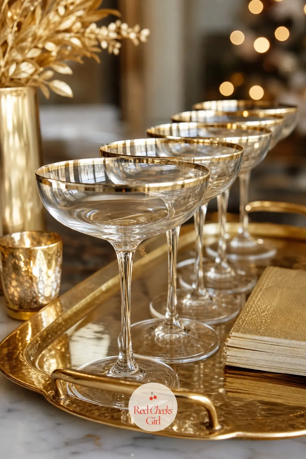 The Coupe Glasses, Lined Up 6 Deep for a Toast — Six gold rimmed coupe glasses lined up on the bar cart or a tray near the door mean no one has to ask where