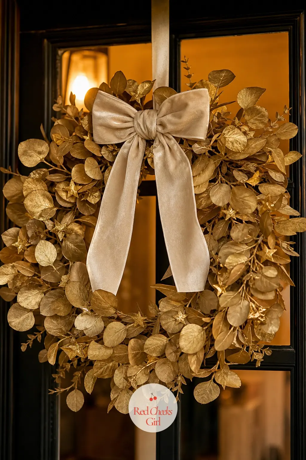 The Front Door Wreath, Hung in Gold Eucalyptus and Velvet Ribbon — Faux gold eucalyptus takes the wreath base somewhere between greenery and metal, and a wide