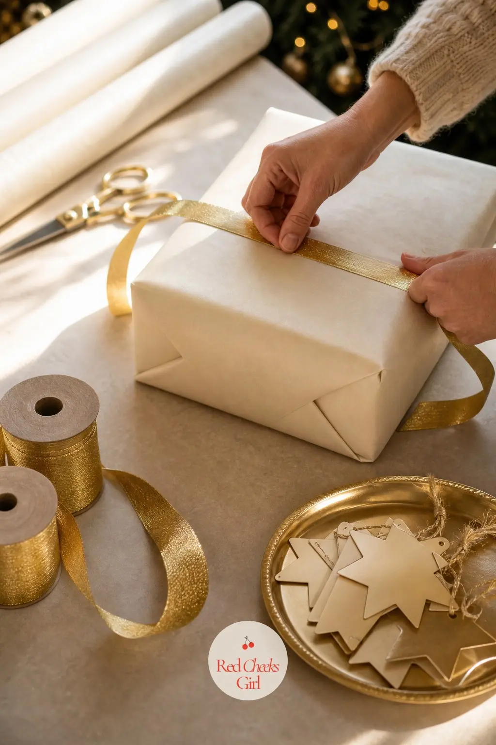 The Gift Wrapping Station, Papered in Ivory with 2 Rolls of Gold Foil Ribbon — Two rolls of gold foil ribbon are enough to wrap a full household's worth of