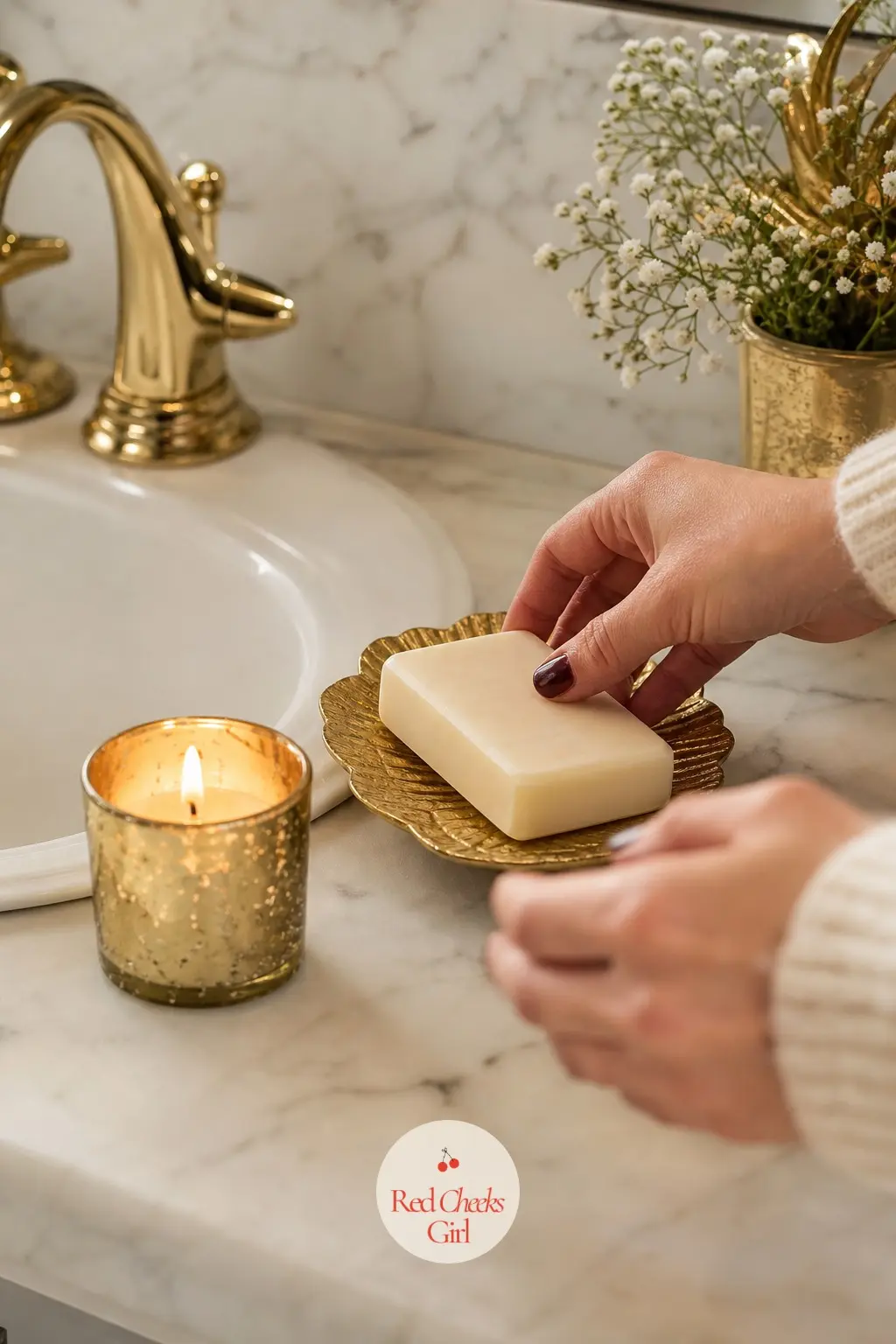 The Guest Bathroom, Finished with a Gold Soap Dish and Mini Candle — A guest bathroom only needs one considered object to feel dressed for the season, and a