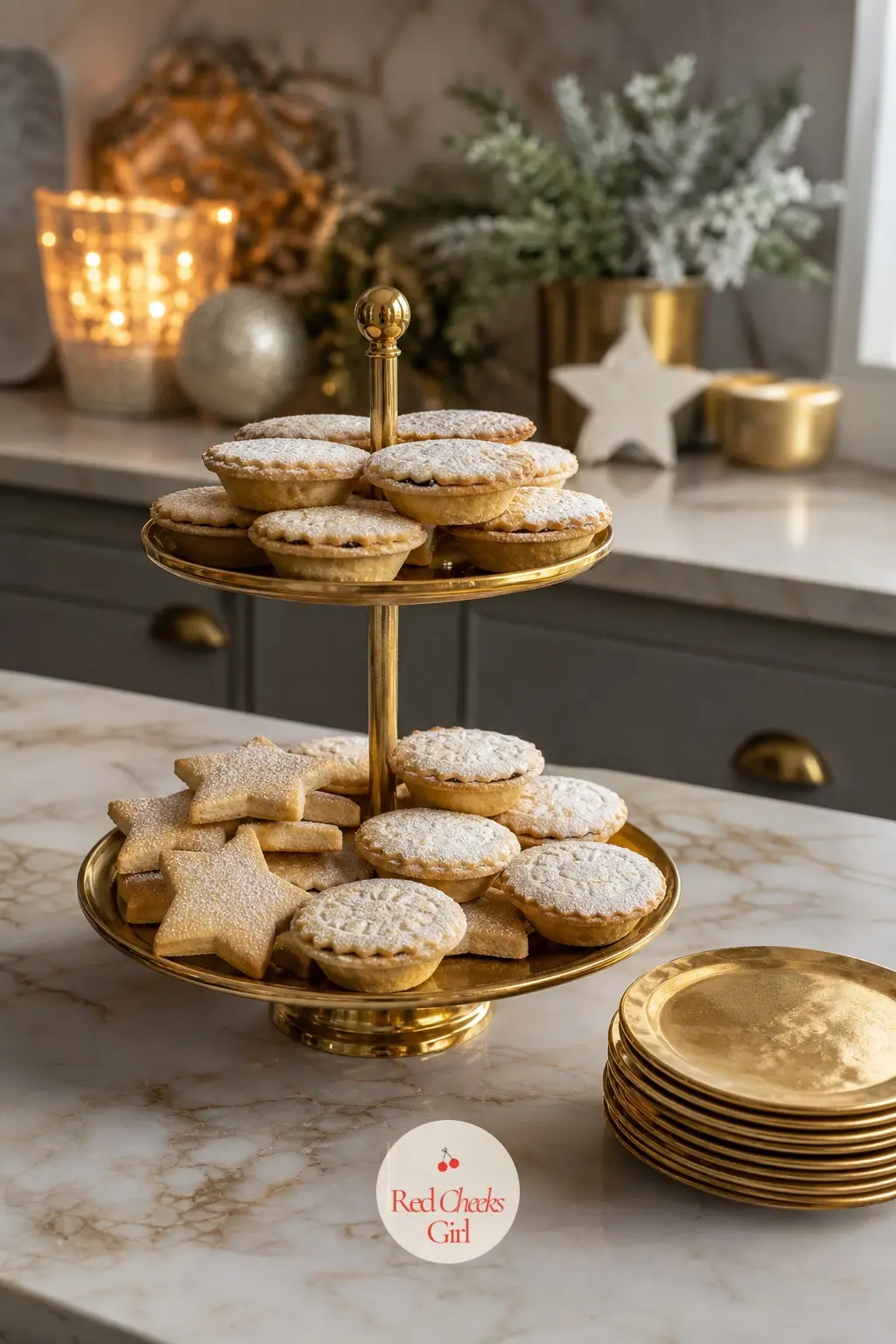 The Kitchen Island, Topped with a Gold Trifle Stand of Mince Pies — An island earns its keep as the one surface guests actually gather around, so give it a