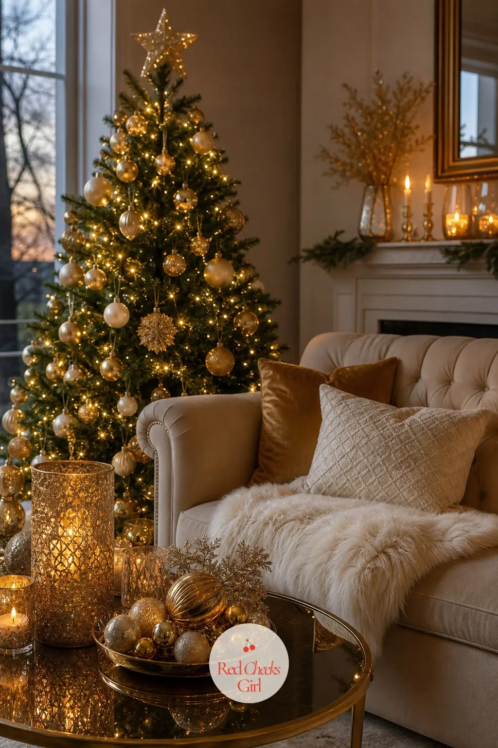The Living Room, Lit in Candlelight and Gold Baubles — This is the wide shot, the tree dressed in gold and ivory glass baubles with a gold star topper, warm