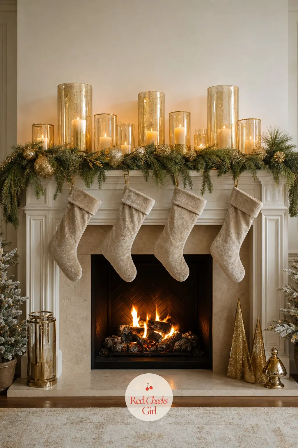 The Mantel and Hearth, Lined with Gold Hurricanes and 4 Velvet Stockings — The mantel carries the most gold in the room, so keep the base simple: a loose faux