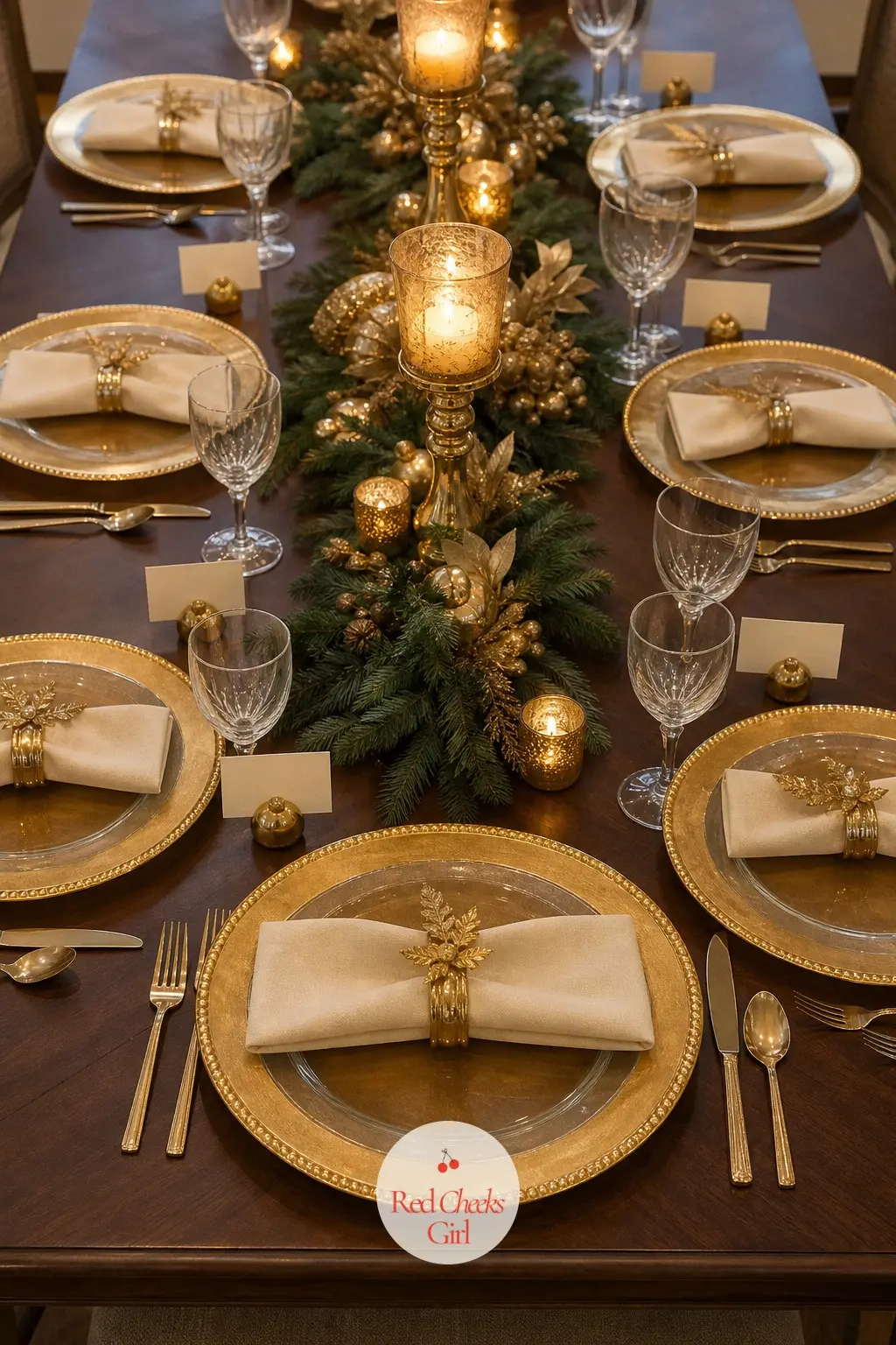 The Place Settings, Laid with 8 Gold-Rimmed Chargers — Eight gold-rimmed chargers under the dinner plates turn an ordinary table setting into the main event