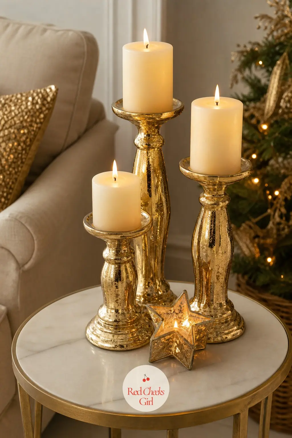 The Side Table, Set with a Trio of Gold Pillar Candles — A side table needs almost nothing to earn its place in this room: three gold pillar candle holders at