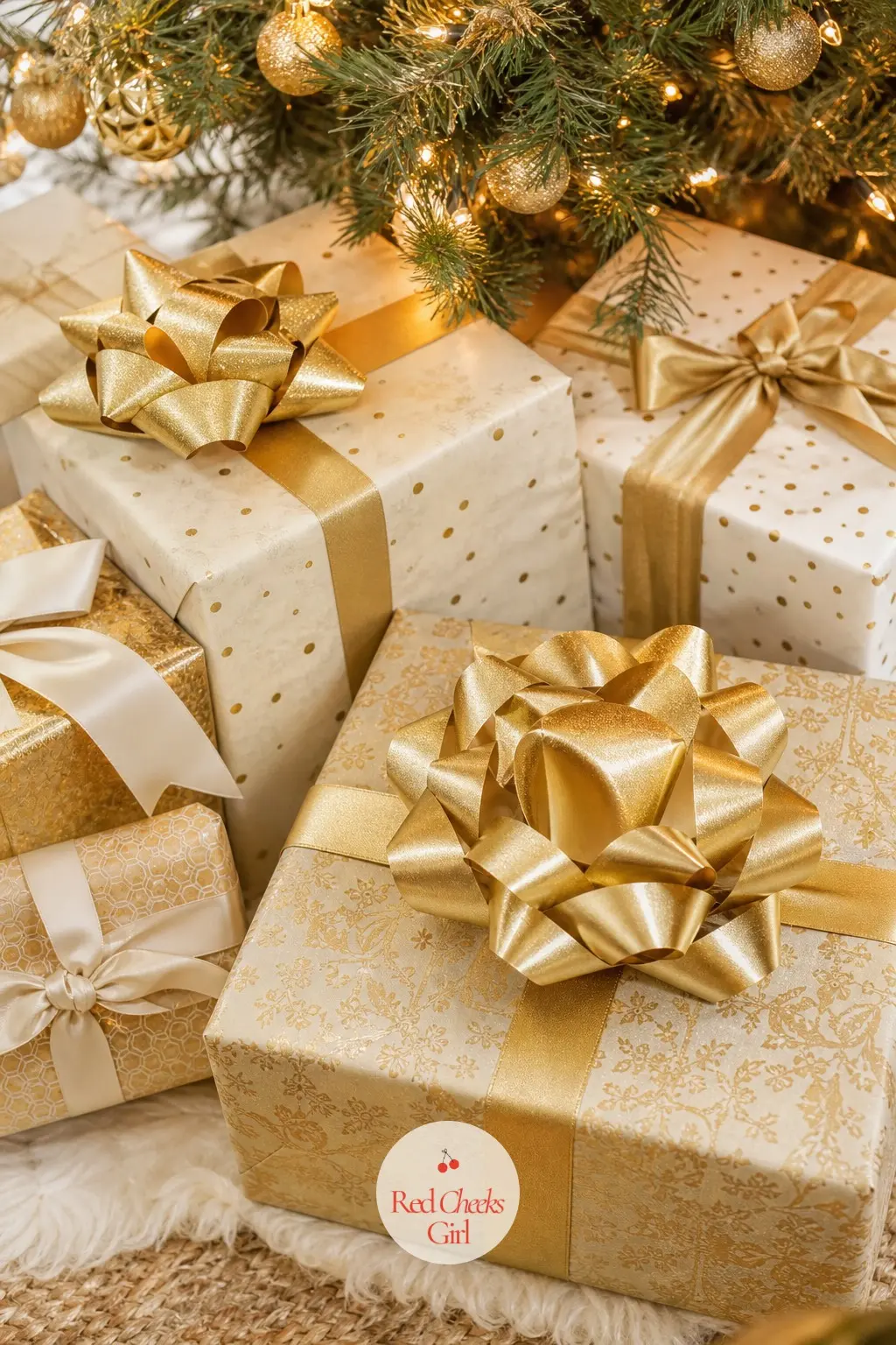 The Stack of Presents, Finished with Oversized Gold Bows — Once the wrapping is done, a few oversized gold bows on the biggest boxes do more visual work than