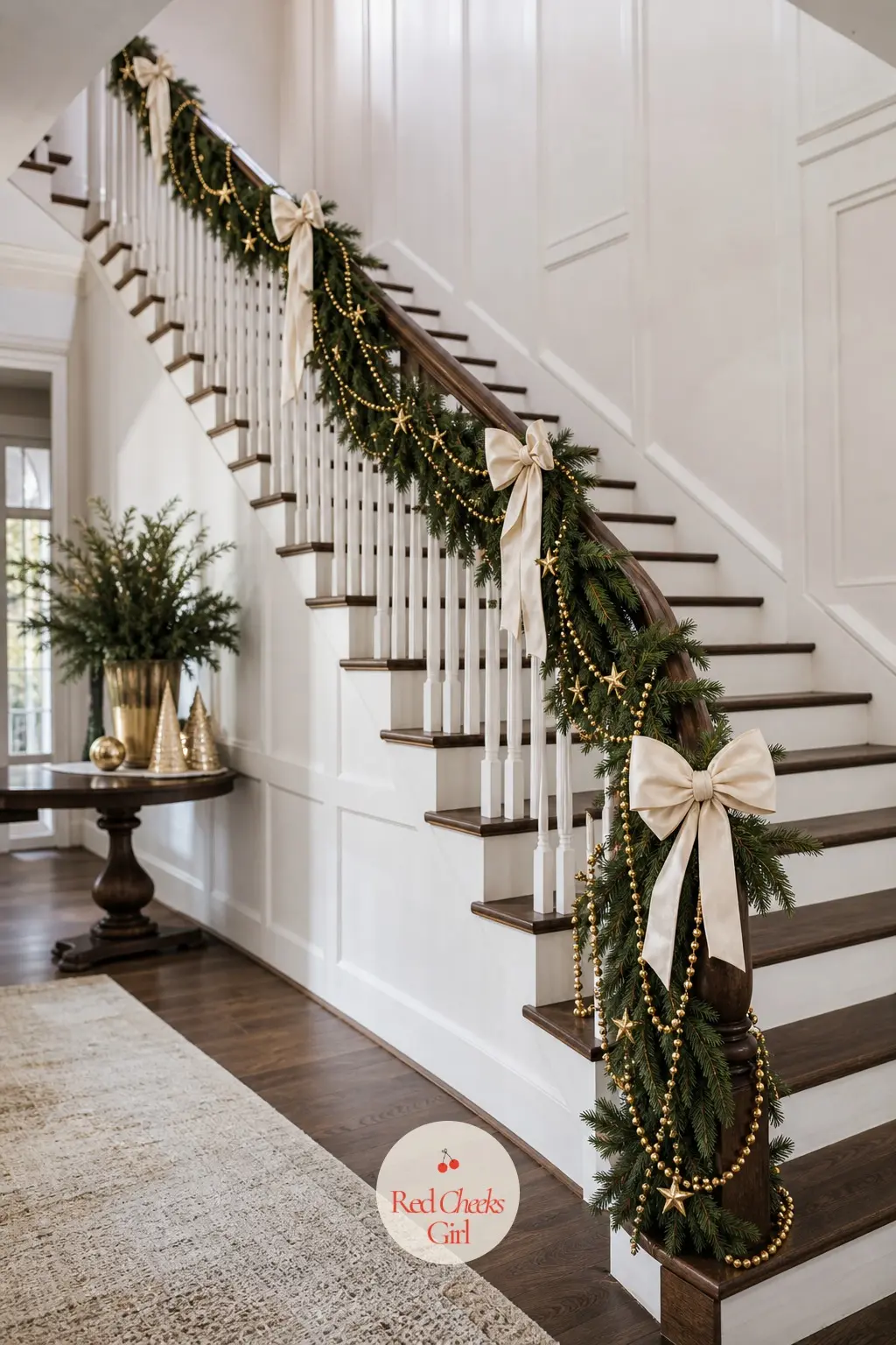 The Staircase Banister, Wrapped in 9 Feet of Gold Beaded Garland — Nine feet of gold beaded garland is enough for most residential banisters without buying