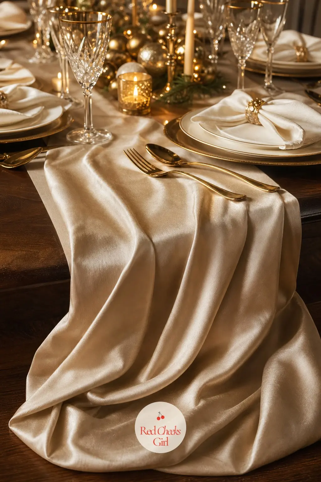 The Table Runner, Puddled in Champagne Silk — A champagne silk runner laid long enough to puddle slightly at each end sets the whole table before a single