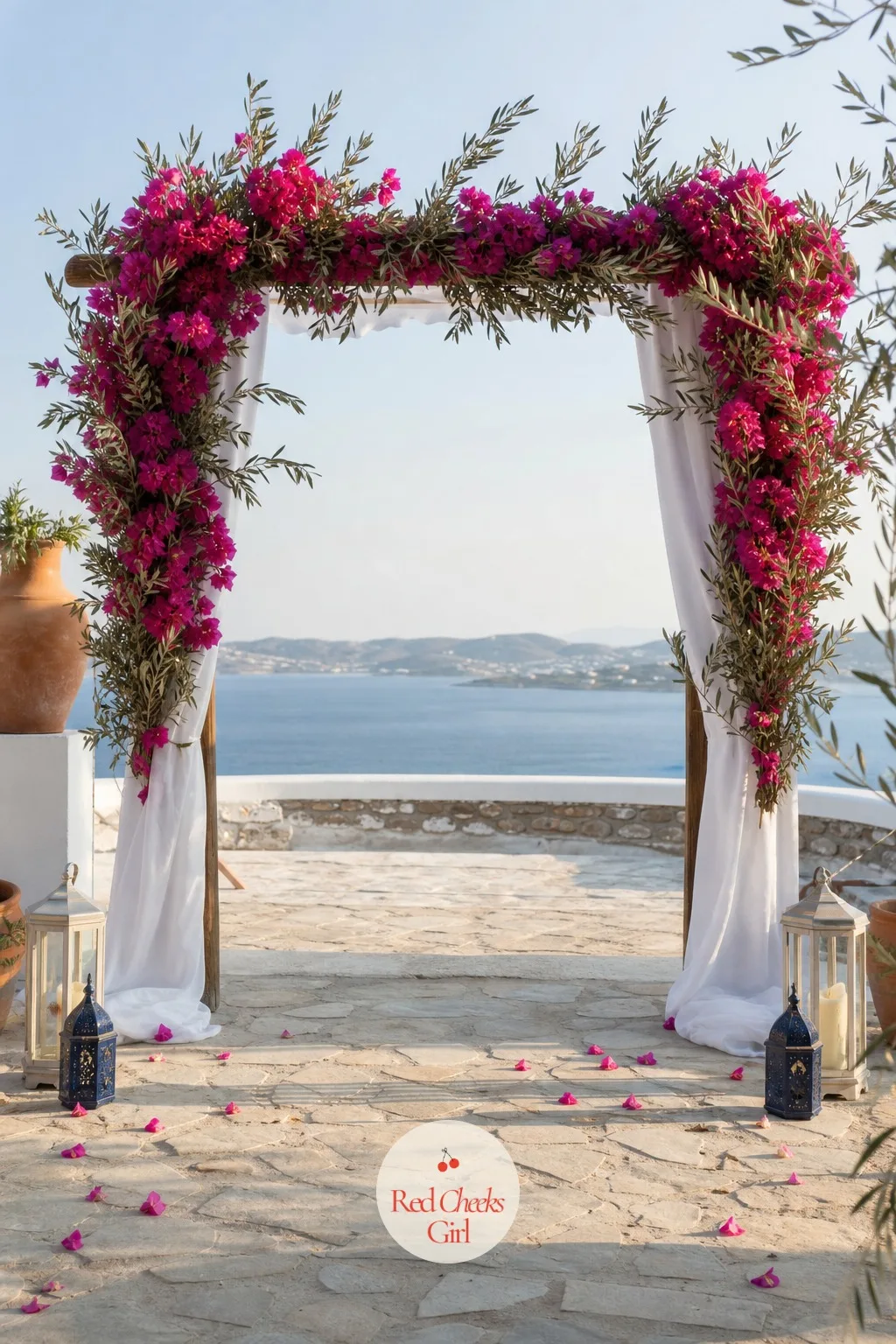 Bougainvillea Ceremony Arch — An arch standing bare at the front of a ceremony space looks like an afterthought. Greek wedding