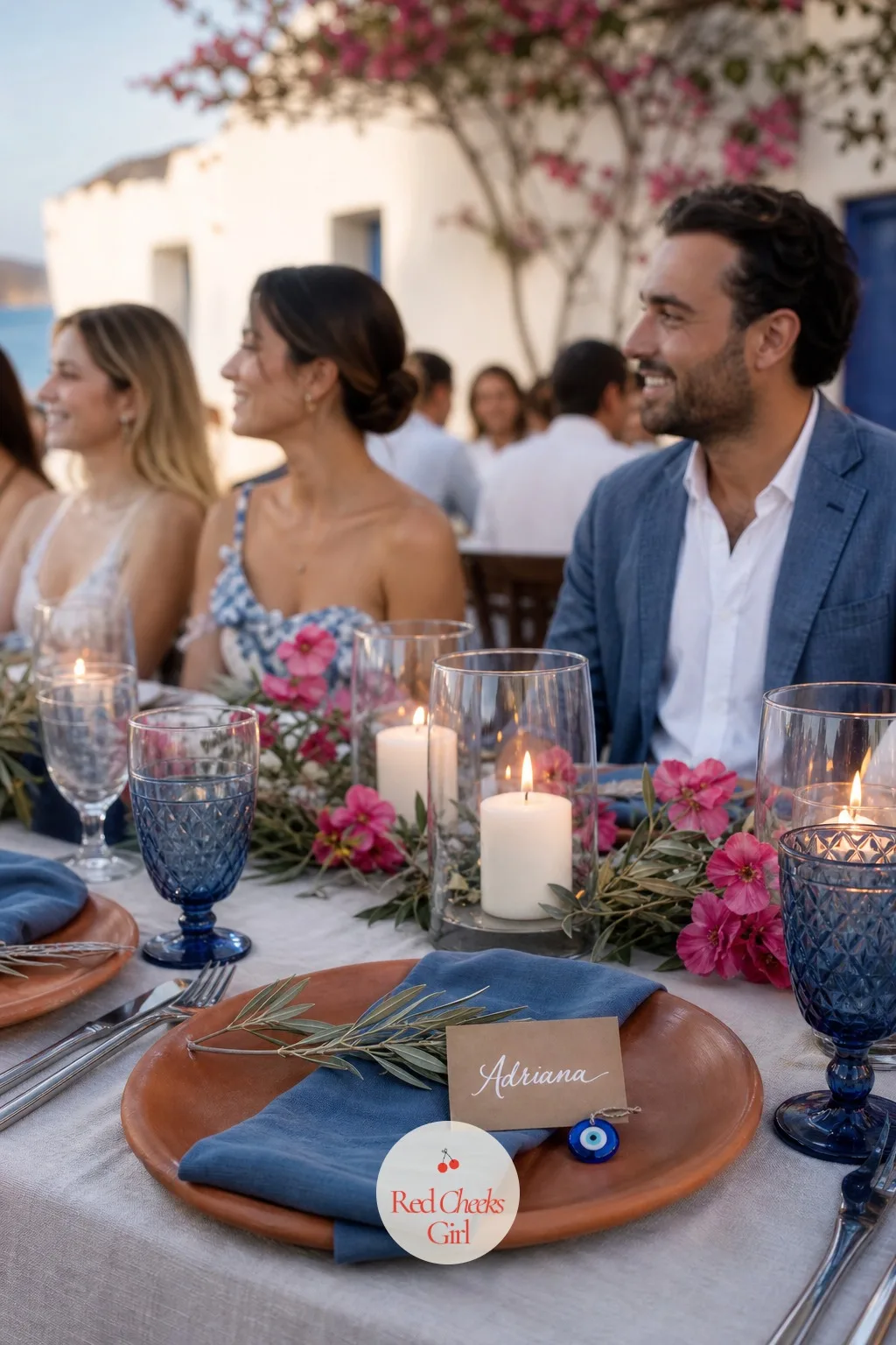 Evil-Eye Charm Place Cards — A guest's name written on plain card stock does the job and nothing more. Greek wedding