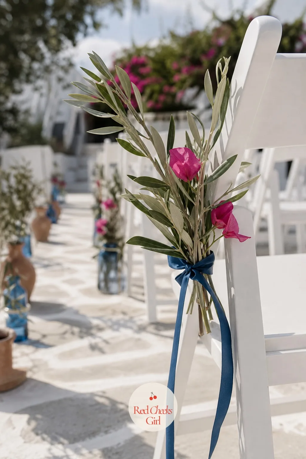 Olive Branch Aisle Markers — A plain row of folding chairs says nothing about the theme until the aisle ends are marked. Greek wedding