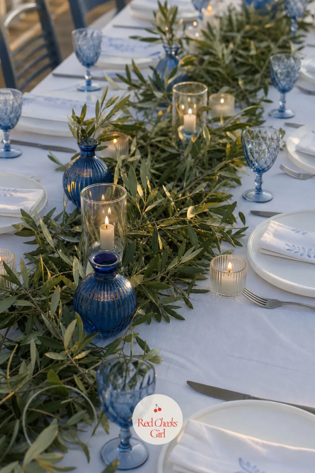 Olive Branch and Blue Glass Table Runner — A bare white tablecloth looks half finished, and a dinner this big deserves a centre that runs the whole length of