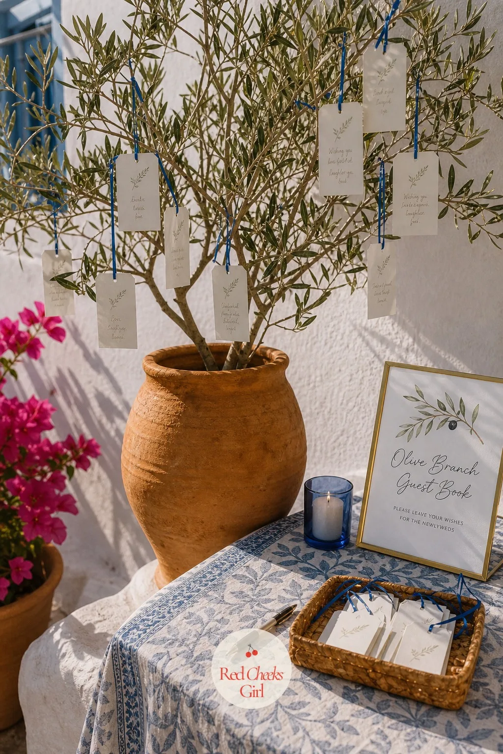 Olive Branch Guest Book Station — A blank book sits unsigned by half the room. Greek wedding