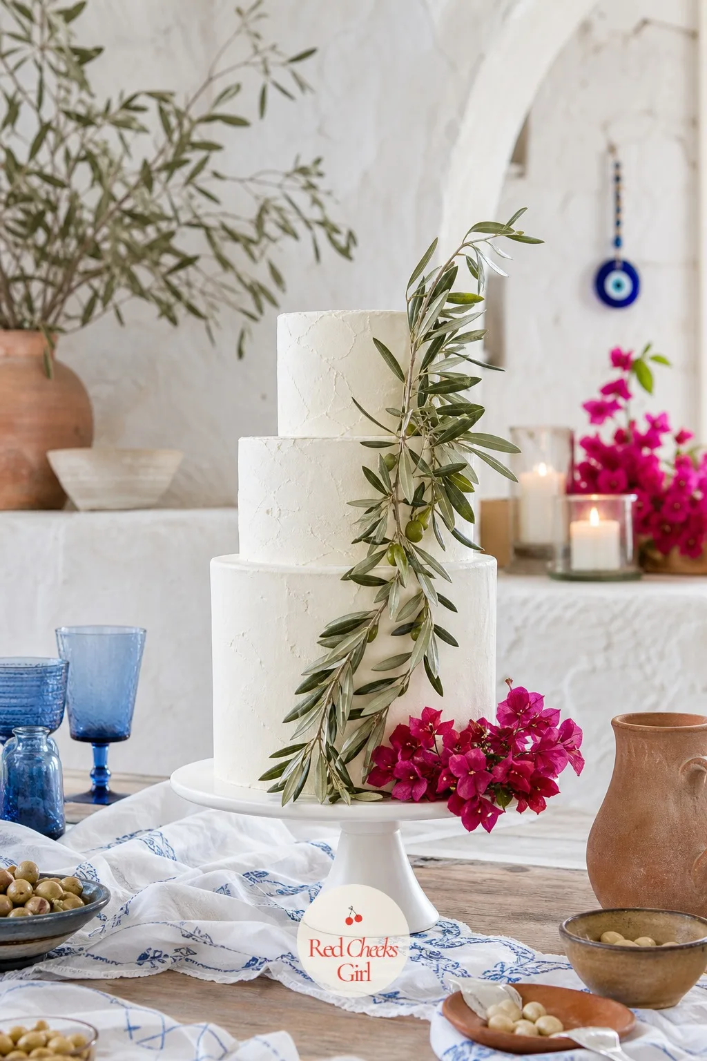 Olive Leaf Wedding Cake — A plain white cake photographs fine and means nothing. Greek wedding