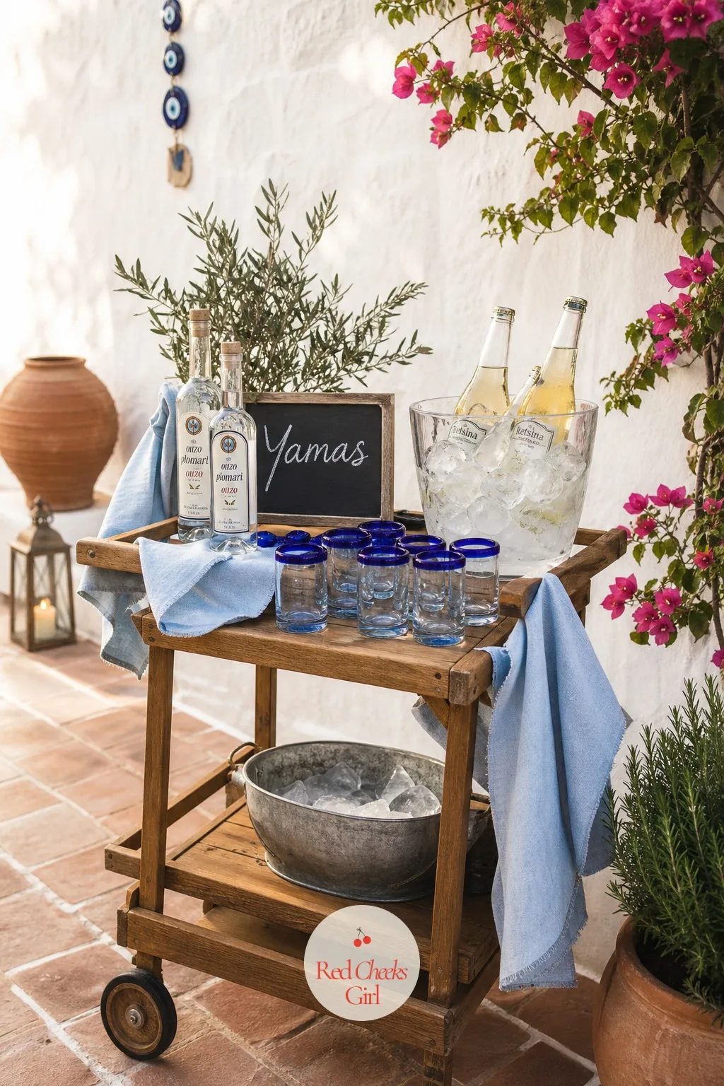 Ouzo and Blue Glass Bar Cart — A full bar can feel generic. Greek wedding