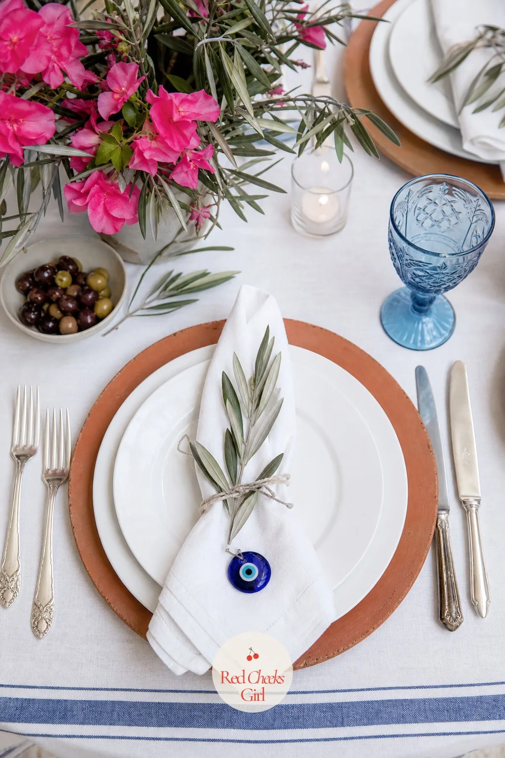 Terracotta Place Settings — White dinnerware alone looks correct but says nothing. Greek wedding